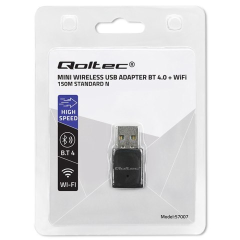 Bezprzewodowy mini adapter Wi-Fi | BT 4.0 USB | standard N Qoltec