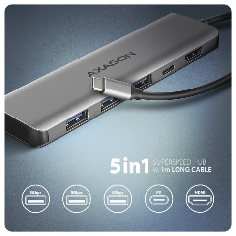 HMC-5H Wieloportowy hub USB 5in1, 5Gbps, 3x USB-A, HDMI 4K/30Hz, PD 100W, 100cm USB-C kabel AXAGON