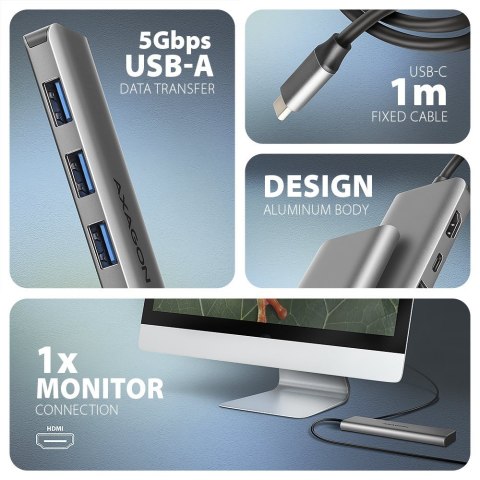HMC-5H Wieloportowy hub USB 5in1, 5Gbps, 3x USB-A, HDMI 4K/30Hz, PD 100W, 100cm USB-C kabel AXAGON