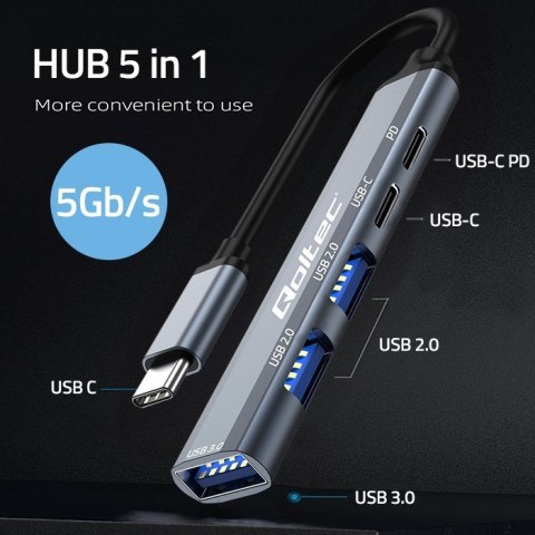 HUB adapter USB-C 3.1 5w1 | USB-C PD | USB-C | 2x USB 2.0 | USB 3.0 Qoltec