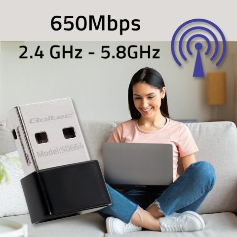 Ultraszybki bezprzewodowy mini adapter USB Wi-Fi | standard AC | 650Mbps Qoltec