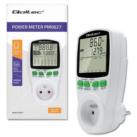 Watomierz Licznik zużycia energii PM0627 z historią pomiaru | 3680W | 16A | LCD Qoltec