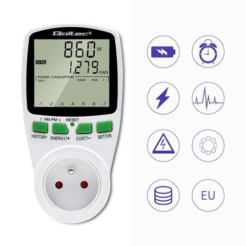 Watomierz Licznik zużycia energii PM0627 z historią pomiaru | 3680W | 16A | LCD Qoltec