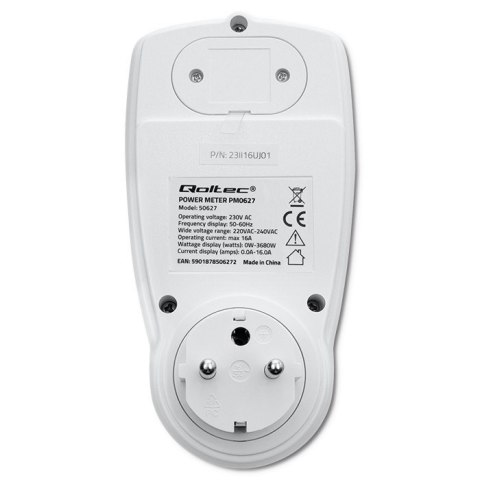 Watomierz Licznik zużycia energii PM0627 z historią pomiaru | 3680W | 16A | LCD Qoltec