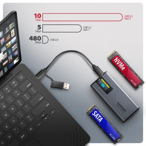 EEM2-SD2 Obudowa zewnętrzna aluminiowa bezśrubowa USB-A/C 3.2 Gen2 M.2 NVMe/SATA display LCD AXAGON