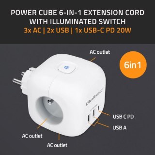 Kostka zasilająca przedłużacz 6w1 z podświetlanym włącznikiem | 3x AC | 2x USB | 1x USB-C PD 20W | biała Qoltec