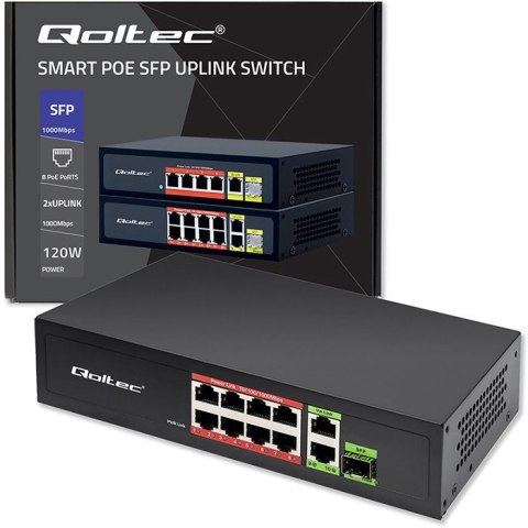 Przełącznik sieciowy SWITCH FAST Ethernet 8x RJ45 PoE 2x RJ45 Uplink 1x SFP | 120W | 1000Mb/s Qoltec