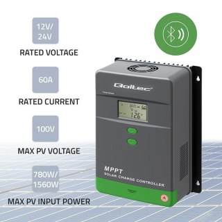 Solarny regulator ładowania MPPT z czujnikiem temperatury 60A | 12V/24V | LCD | Bluetooth | APP | GEL | LiFePO4 Qoltec