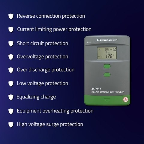 Solarny regulator ładowania MPPT z czujnikiem temperatury 60A | 12V/24V | LCD | Bluetooth | APP | GEL | LiFePO4 Qoltec