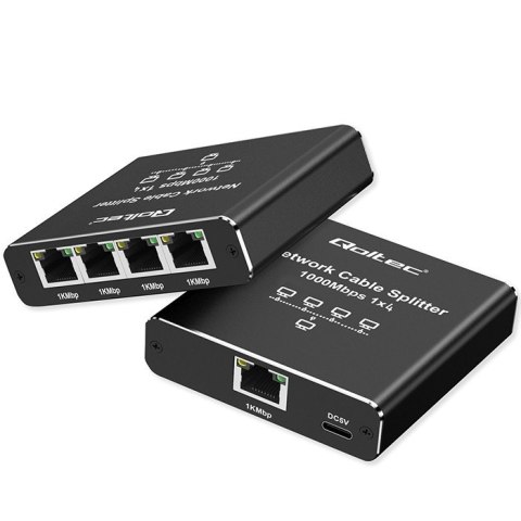 Rozdzielacz splitter Ethernet mini SWITCH 1x4 RJ45 | 1000Mb/s | USB-C | Aluminium Qoltec