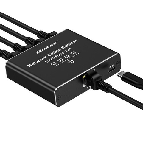 Rozdzielacz splitter Ethernet mini SWITCH 1x4 RJ45 | 1000Mb/s | USB-C | Aluminium Qoltec