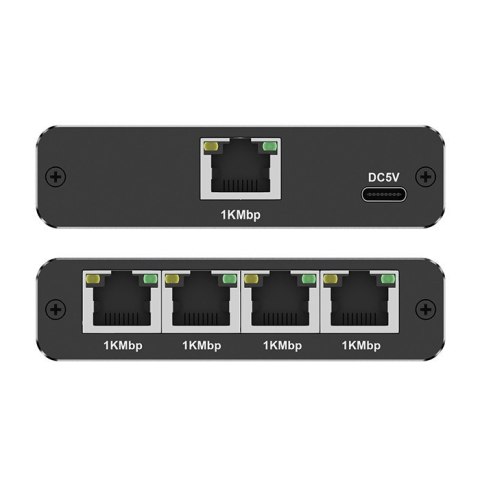 Rozdzielacz splitter Ethernet mini SWITCH 1x4 RJ45 | 1000Mb/s | USB-C | Aluminium Qoltec