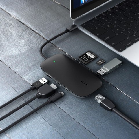 CB-C71 aluminiowy HUB USB-C | 8w1 | RJ45 Ethernet 10/100/1000Mbps | 3xUSB 3.1 | HDMI 4k@30Hz | SD i microSD | USB-C Power Delive AUKEY