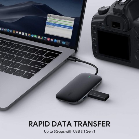 CB-C71 aluminiowy HUB USB-C | 8w1 | RJ45 Ethernet 10/100/1000Mbps | 3xUSB 3.1 | HDMI 4k@30Hz | SD i microSD | USB-C Power Delive AUKEY
