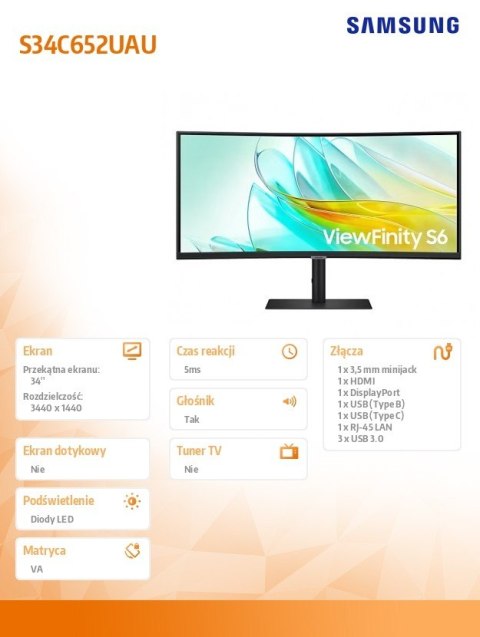 Monitor 34 cale ViewFinity S65UA VA 3440x1440 UWQHD 21:9 1xHDMI 1xDP 1xUSB-C 90W 3xUSB-A 5ms 100Hz HAS+PIVOT zakrzywiony głośnik Samsung