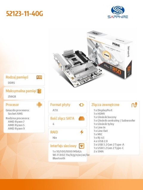 Płyta główna PURE B850A WIFI7 AM5 4DDR5 mATX Sapphire Technology