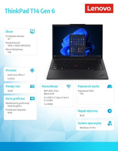 Ultrabook ThinkPad T14 G6 21QC00BRPB W11Pro Ultra 7 255U/32GB/1TB/INT/14.0 WUXGA/Black/3YRS Premier Support + CO2 Offset Lenovo