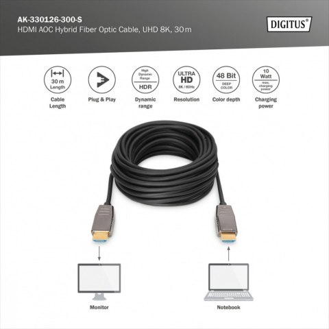Kabel połączeniowy hybrydowy AOC HDMI 2.1 Ultra High Speed 8K/60Hz UHD HDMI A/HDMI A M/M 30m Czarny Digitus