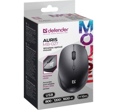 Mysz bezprzewodowa silent click AURIS MB-027 800/1200/1600 DPI czarna Defender