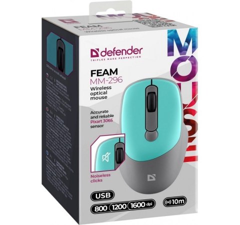 Mysz bezprzewodowa silent click FEAM MM-296 RF 1600 DPI Miętowa Defender