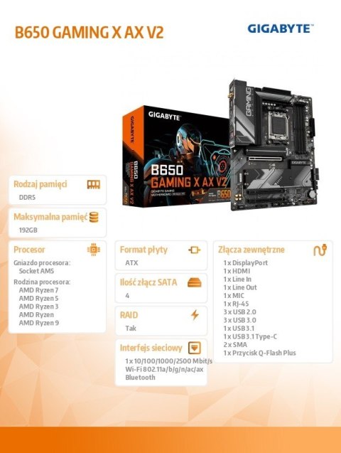 Płyta główna B650 GAMING X AX V2 AM5 4DDR5 HDMI/DP M.2 ATX Gigabyte