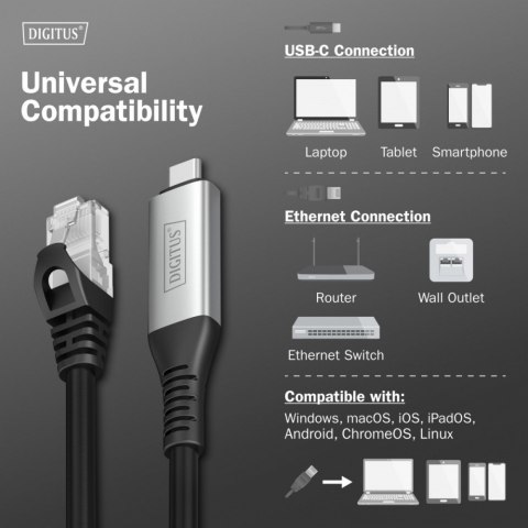 Kabel adapter USB-C - RJ45 Kat. 6A S/FTP, 1 Gbit/s, USB 3.2 Gen1, LSZH, 2m Digitus