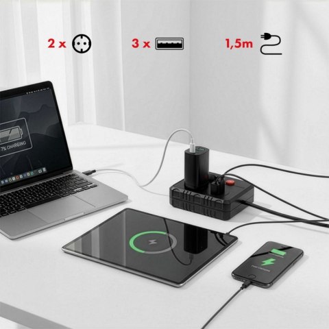 Listwa zasilająca MCE387 B 2 gniazda 3xUSB, 110-240V AC 50/60Hz 2,1A max 2500W, 1,5m czarna Maclean