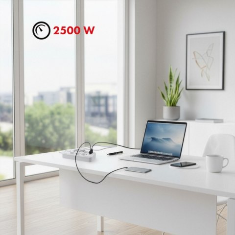 Listwa zasilająca MCE389 W 6 gniazd 4xUSB-A 1xUSB-C 110-240V, AC 50/60Hz, 2.1A max 2500W biała Maclean