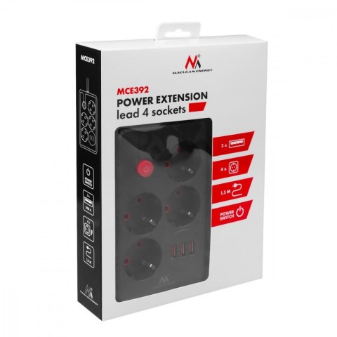 Listwa zasilająca MCE392 B, 4 gniazda 3xUSB, 110-240V AC 50/60Hz, 2.1A max 2500W, 1,5m czarna Maclean