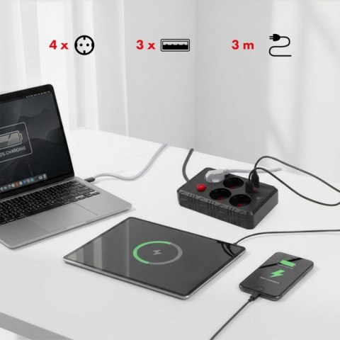 Listwa zasilająca MCE393 B 4 gniazda 3xUSB 110-240V AV 50/60Hz 1A max 2500W 3m czarna Maclean