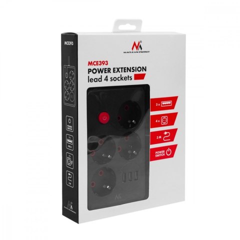 Listwa zasilająca MCE393 B 4 gniazda 3xUSB 110-240V AV 50/60Hz 1A max 2500W 3m czarna Maclean