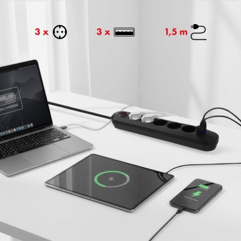 Listwa zasilająca MCE395 B 5 gniazd 3xUSB, 110-240V AC 50/60Hz, 2.1A max 2500W, czarna Maclean