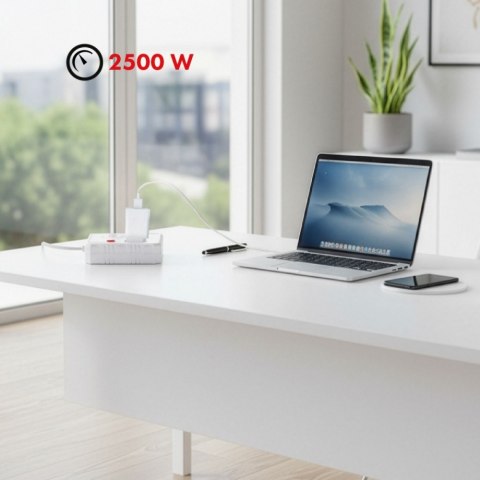 Listwa zasilająca, MCE388 W 2 gniazda, 3xUSB, 110-240V AC 50/60Hz, 2.1A max 2500W, 3m biała Maclean