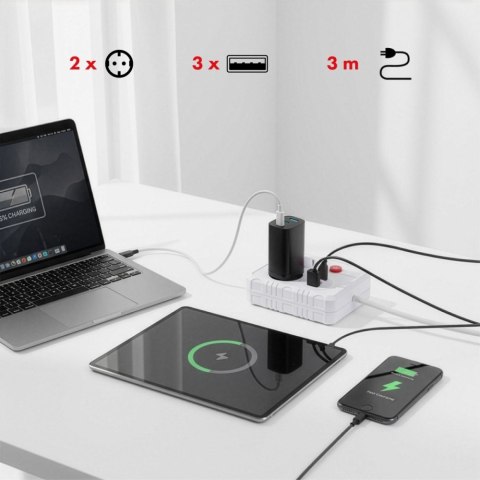 Listwa zasilająca, MCE388 W 2 gniazda, 3xUSB, 110-240V AC 50/60Hz, 2.1A max 2500W, 3m biała Maclean