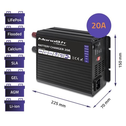 Inteligentna ładowarka Monolith do akumulatorów LiFePO4 AGM GEL SLA | 20A | 12V Qoltec