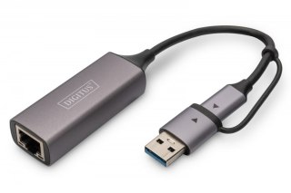 Karta sieciowa przewodowa USB 3.1 Typ C + USB A do 1x RJ45 2.5 Gigabit Ethernet 10/100/1000/2500Mbps Digitus