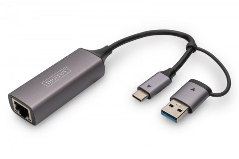 Karta sieciowa przewodowa USB 3.1 Typ C + USB A do 1x RJ45 2.5 Gigabit Ethernet 10/100/1000/2500Mbps Digitus