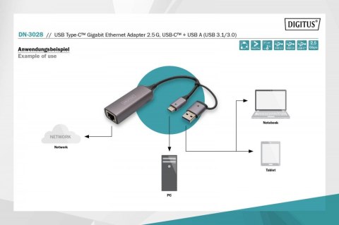 Karta sieciowa przewodowa USB 3.1 Typ C + USB A do 1x RJ45 2.5 Gigabit Ethernet 10/100/1000/2500Mbps Digitus