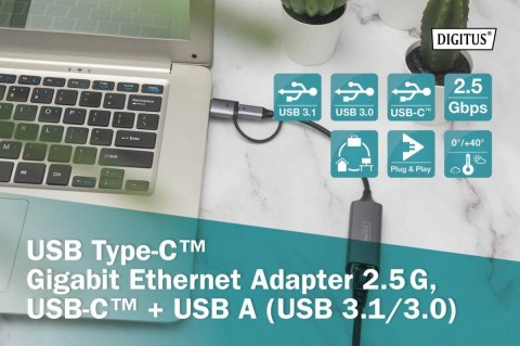 Karta sieciowa przewodowa USB 3.1 Typ C + USB A do 1x RJ45 2.5 Gigabit Ethernet 10/100/1000/2500Mbps Digitus