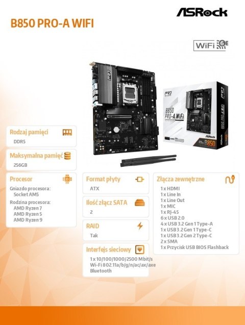 Płyta główna B850 PRO-A WIFI AM5 4DDR5 ATX ASRock