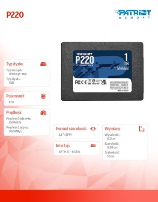 Dysk SSD 1TB P220 550/500MB/s SATA III 2.5 cala Patriot