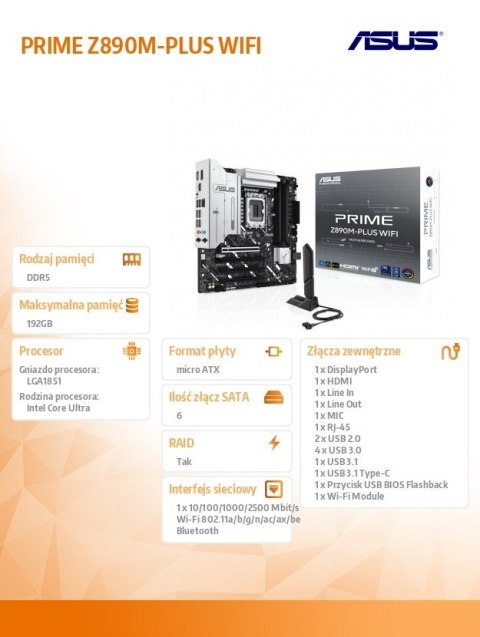 Płyta główna PRIME Z890M-PLUS WIFI S 1851 4DDR5 TB4/DP mATX /90MB1J80-M0EAY0 Asus