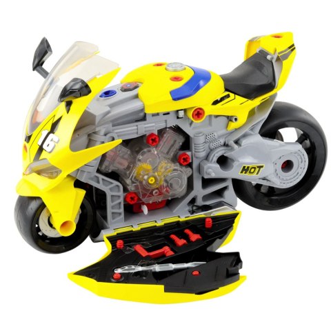 Motocykl Do Rozkręcania 2w1 DIY Warsztat Światła Dźwięki Dym Żółty 43cm LEAN Toys
