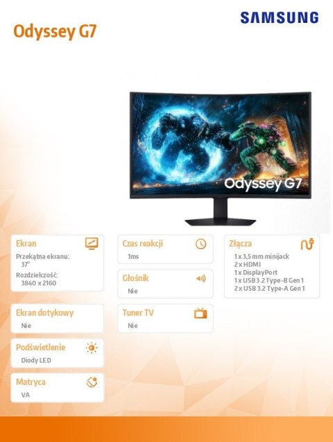 Monitor 37 cali Odyssey G7 G75F VA 3840 x 2160 UHD 16:9 2xHDMI 1xDP 1xUSB-B 2xUSB-A 1ms 165Hz zakrzywiony 3Yd2d (LS37FG750EUXEN) Samsung