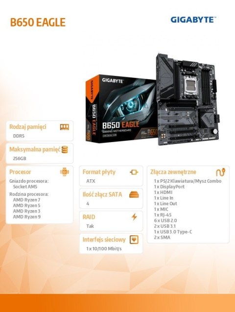 Płyta główna B650 EAGLE AM5 4DDR5 HDMI/DP ATX Gigabyte