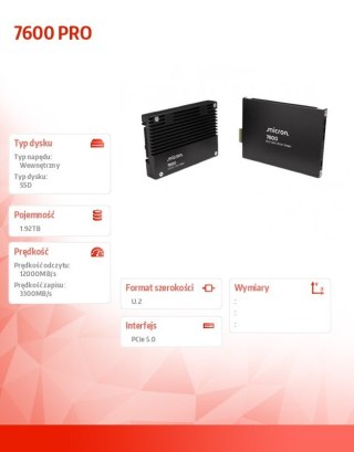 Dysk SSD 7600PRO 1920GB NVMe U.2 15mm Single pack Micron