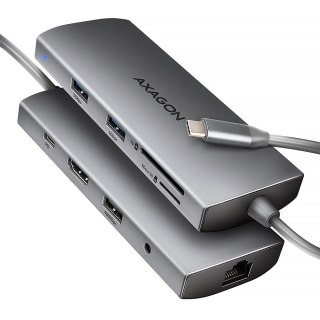 HMC-8HLSA Wieloportowy hub USB 9in1, 5Gbps, 3x USB-A + HDMI 4K/30Hz, SD/microSD, GLAN, Audio, PD 100W, 20cm USB-C kabel AXAGON