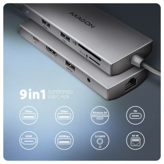 HMC-8HLSA Wieloportowy hub USB 9in1, 5Gbps, 3x USB-A + HDMI 4K/30Hz, SD/microSD, GLAN, Audio, PD 100W, 20cm USB-C kabel AXAGON