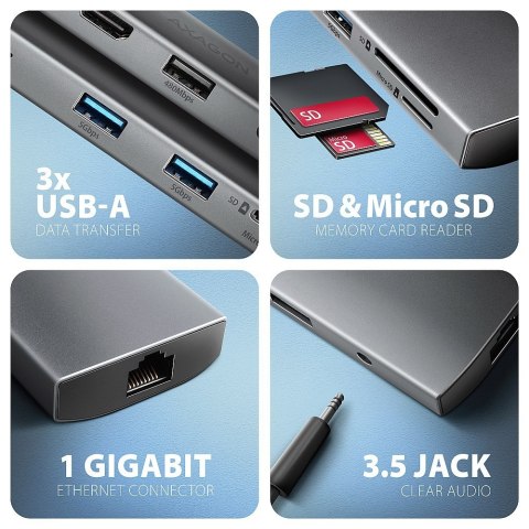 HMC-8HLSA Wieloportowy hub USB 9in1, 5Gbps, 3x USB-A + HDMI 4K/30Hz, SD/microSD, GLAN, Audio, PD 100W, 20cm USB-C kabel AXAGON