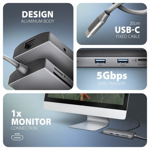 HMC-8HLSA Wieloportowy hub USB 9in1, 5Gbps, 3x USB-A + HDMI 4K/30Hz, SD/microSD, GLAN, Audio, PD 100W, 20cm USB-C kabel AXAGON